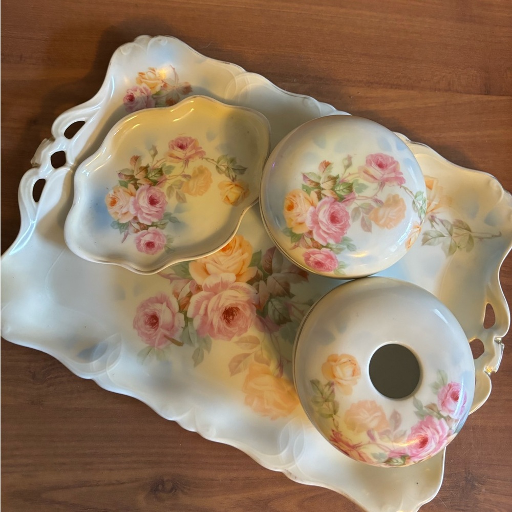 Gorgeous Vintage Hand Painted Dresser Tray Set